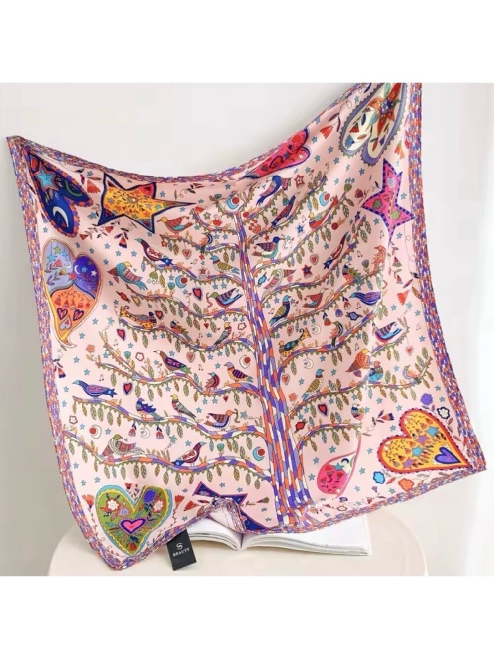 New Square Scarf Silk Satin Printed Pink Tree Birds Heart Whimsical Novelty